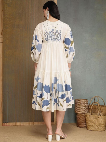 Floral Print Puff Sleeve a-Line Dressx