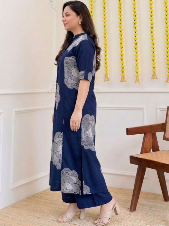 Women Floral Printed Regular Chanderi Cotton Kurta with Palazzos