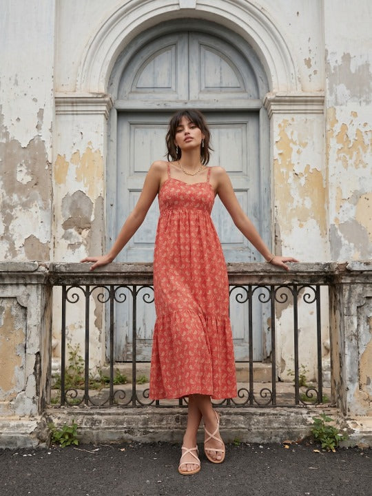 Paisley Printed Sweetheart Neck Midi Tiered Dress