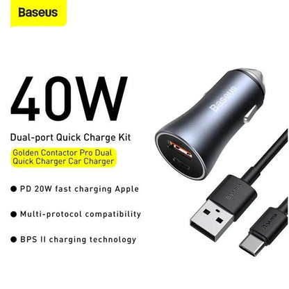 Baseus 40W USB + Type-C Car Fast Charging Charger Set with 1m Type-C / USB-C Cable
