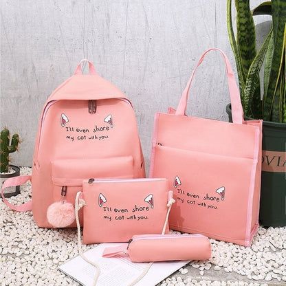 4 In 1 Canvas Student Schoolbag New Four-Piece Double Back Korean Letters with Hairball School Bag