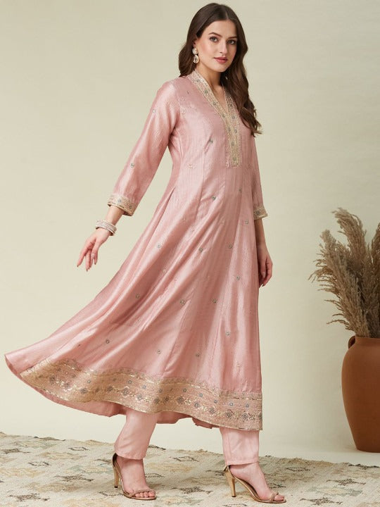 Women Silk Embroidered Anarkali Kurta and Pant with Dupatta Set