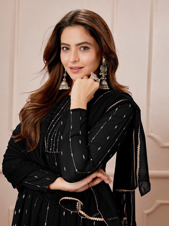 Women's Black Georgette Foil Printed Anarkali Kurta with Palazzo Set