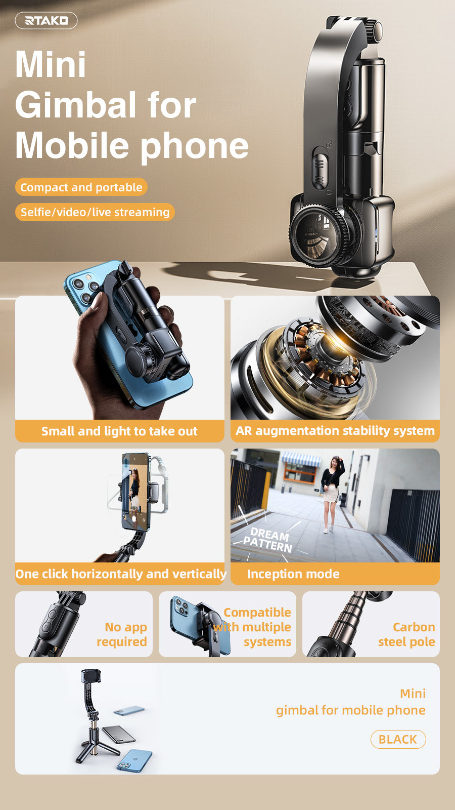 Rtako L08 Mini Anti-shake Electric Gimbal Stabilizer - Ultra-Compact Design: Lightweight and easy to carry, making it ideal for travel and daily use