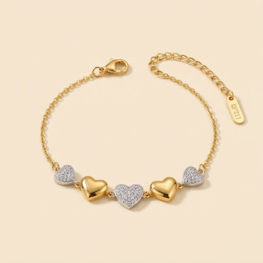 Elegant Dual-Tone Sparkling Crystal and Golden Multi-Heart Charm Bracelet