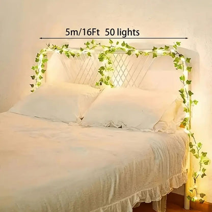 1Pc of Artificial Ivy Vine with LED String Lights, Green Leaf Garland Chandelier, Suitable for Wall