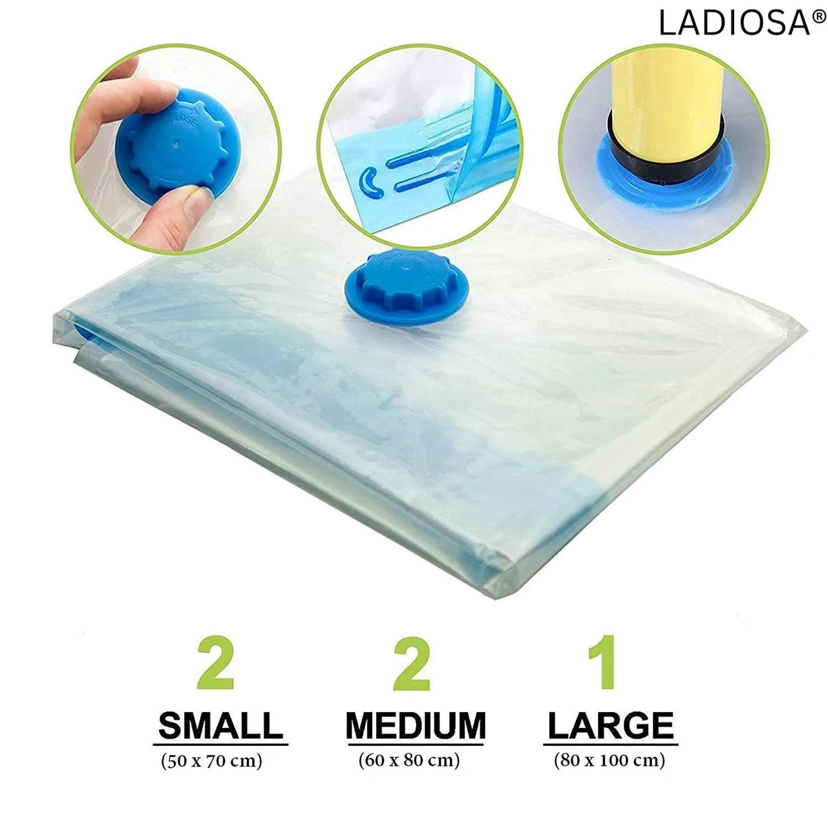 5-Pack Vacuum Storage Bags with Hand Pump: Space-Saver Compression Bags for Bedding, Towels & Travel