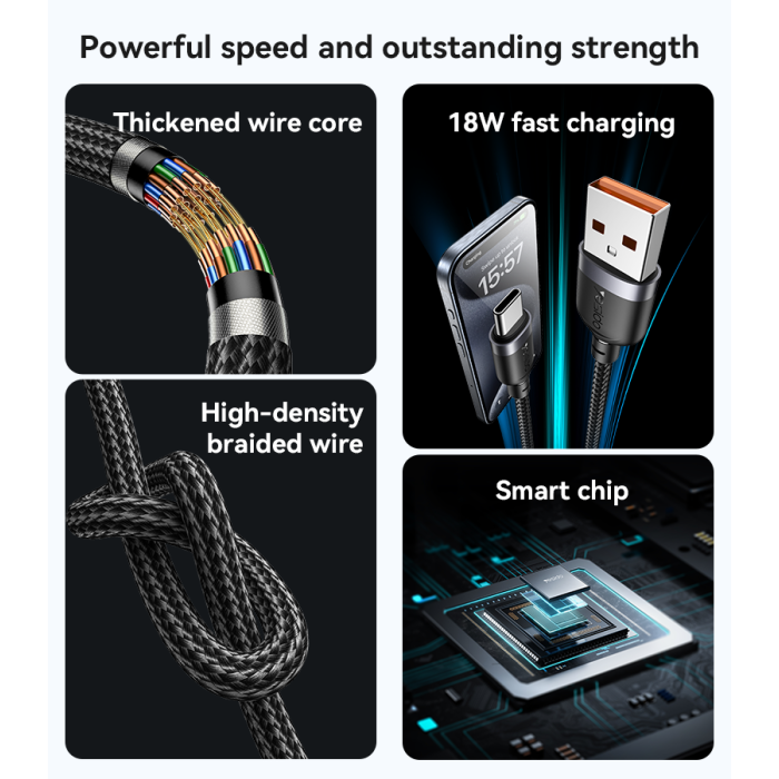 Yesido 0.3 Meter 18W Fast Charging USB to Type-C Aluminum Alloy Braided Data Cable - CA131C