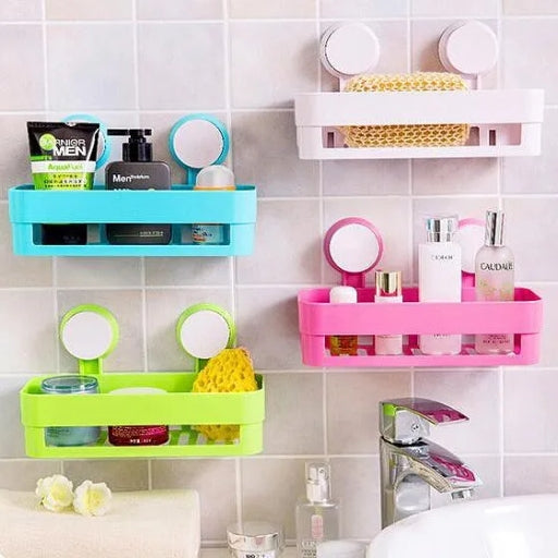 Double Suction Cup Wall-Mounted Bathroom & Kitchen Shelf Rack, Plastic Storage Organizer