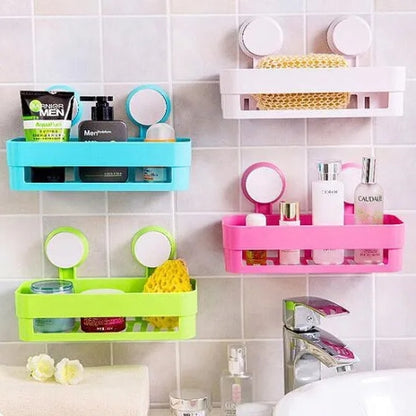 Double Suction Cup Wall-Mounted Bathroom & Kitchen Shelf Rack, Plastic Storage Organizer