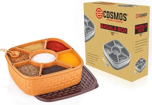 E-Cosmos 7 Sections Plastic Square Multipurpose Masala Spice Box Set- Orange (Masala Box - 7 In 1)