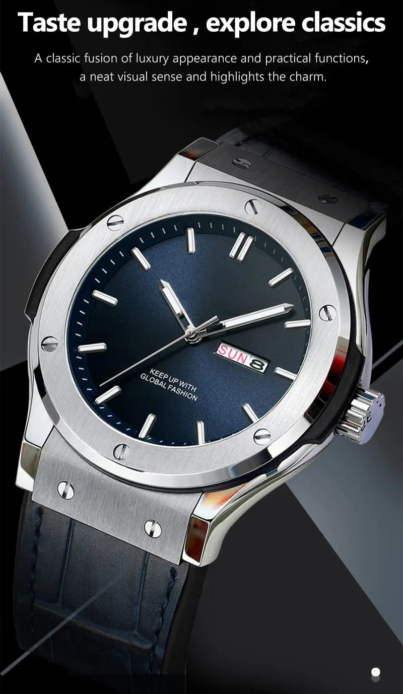 LOUIS CLARKE Men's Waterproof Quartz Watch - Luminous Date/Week Silicone Strap