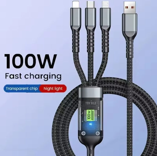 3-In-1 100W Fast Charging Cable – USB-C, Micro USB & LED Indicator