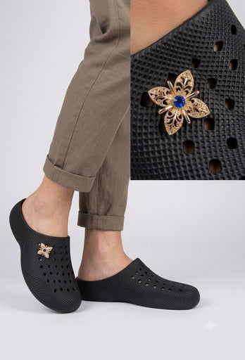 Perforated Butterfly Charm Girls Clogs