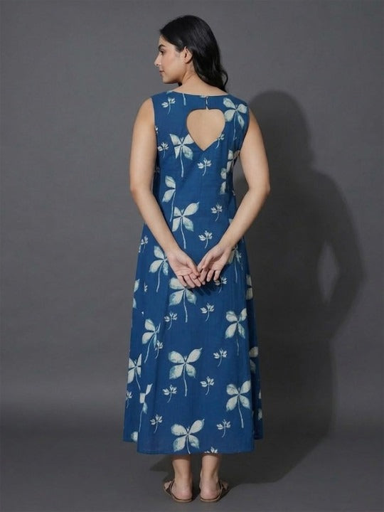 Lightweight Indigo Floral Stunning Heart-Shaped Back Cut-Out Dress