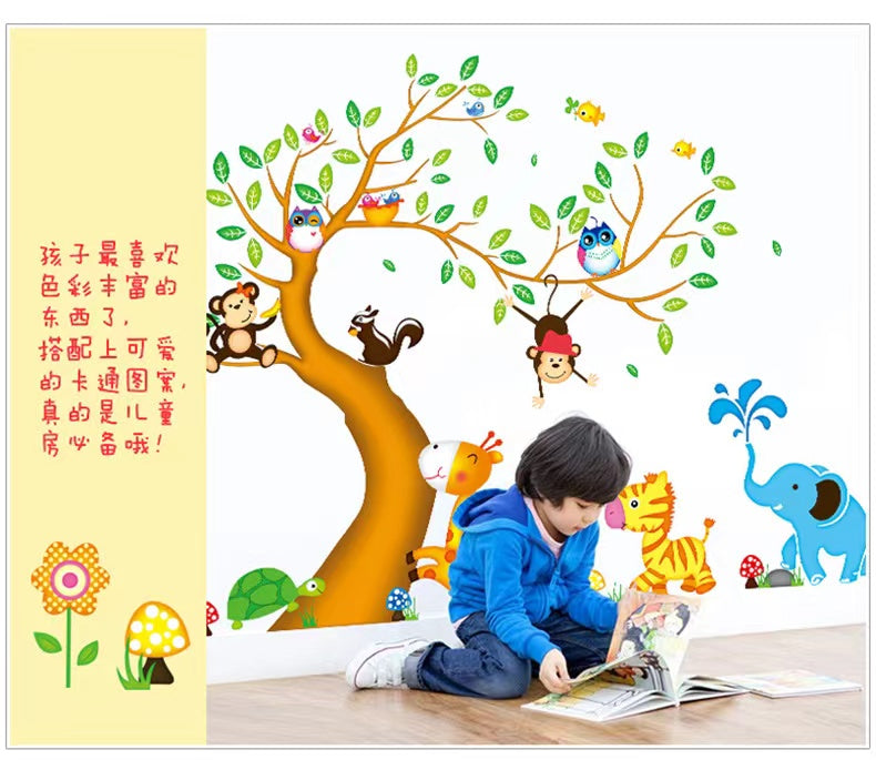 Big Tree Animals Cartoon Theme Kids Wall Art Decal Sticker Decoration for Living Room Nursery Baby Girl Boy Kid Children's Room Bedroom Decoration