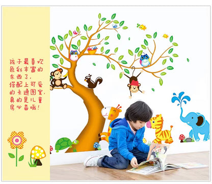 Big Tree Animals Cartoon Theme Kids Wall Art Decal Sticker Decoration for Living Room Nursery Baby Girl Boy Kid Children's Room Bedroom Decoration