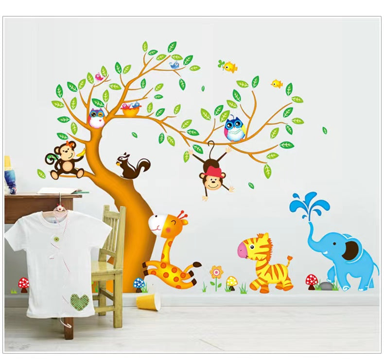 Big Tree Animals Cartoon Theme Kids Wall Art Decal Sticker Decoration for Living Room Nursery Baby Girl Boy Kid Children's Room Bedroom Decoration