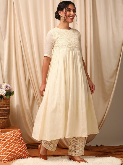 Floral Embroidered Pleated Anarkali Kurta with Trousers