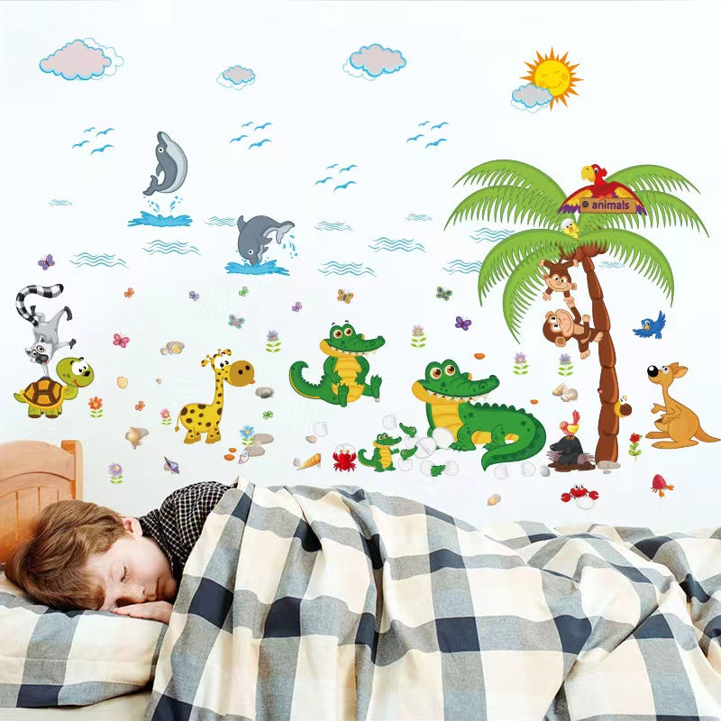 Crock Tree Cartoon Animals Theme Kids Wall Art Decal Sticker Decoration for Living Room Nursery Baby Girl Boy Kid Children's Room Bedroom Decoration