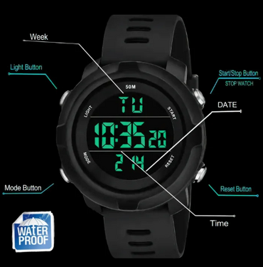 Piaoma Digital Watch with LED Shockproof Multi Functional Automatic Black Strap Waterproof Digital