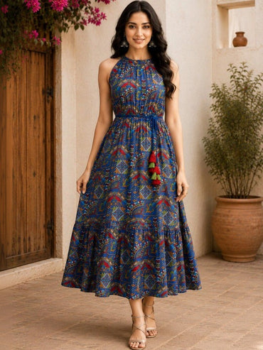 Ethnic Motifs Print Halter Neck a-Line Midi Dress
