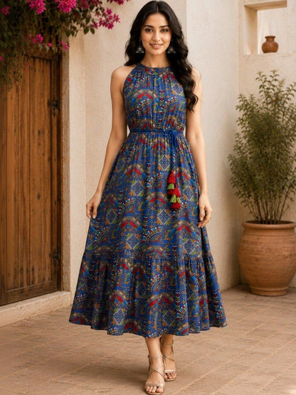 Ethnic Motifs Print Halter Neck a-Line Midi Dress