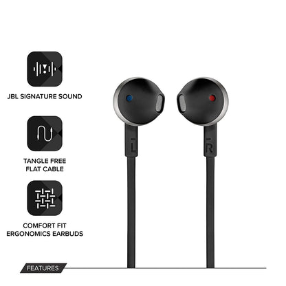 J B L Tune 205 Pure Bass Metal Earbud Headphones with Mic (Black)