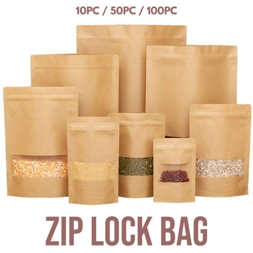 200G - Kraft Paper Bag Stand up Pouch Food Zip Lock Packaging Window (14CM X 20CM + 7CM = 200G)