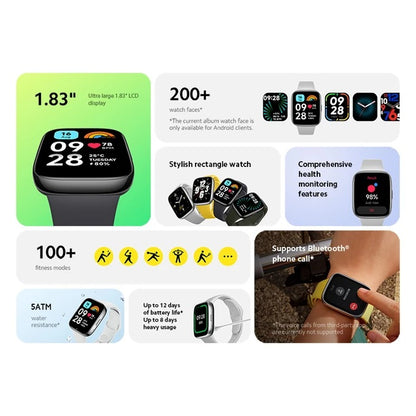 Xiaomi Redmi Smart Watch 3 Active 1.83 Inch Big LCD Display, 5ATM Water Resistant, 12 Days Battery Life, GPS, 100+ Workout Mode, Heart Rate Monitor, Full Scale Fitness Tracking