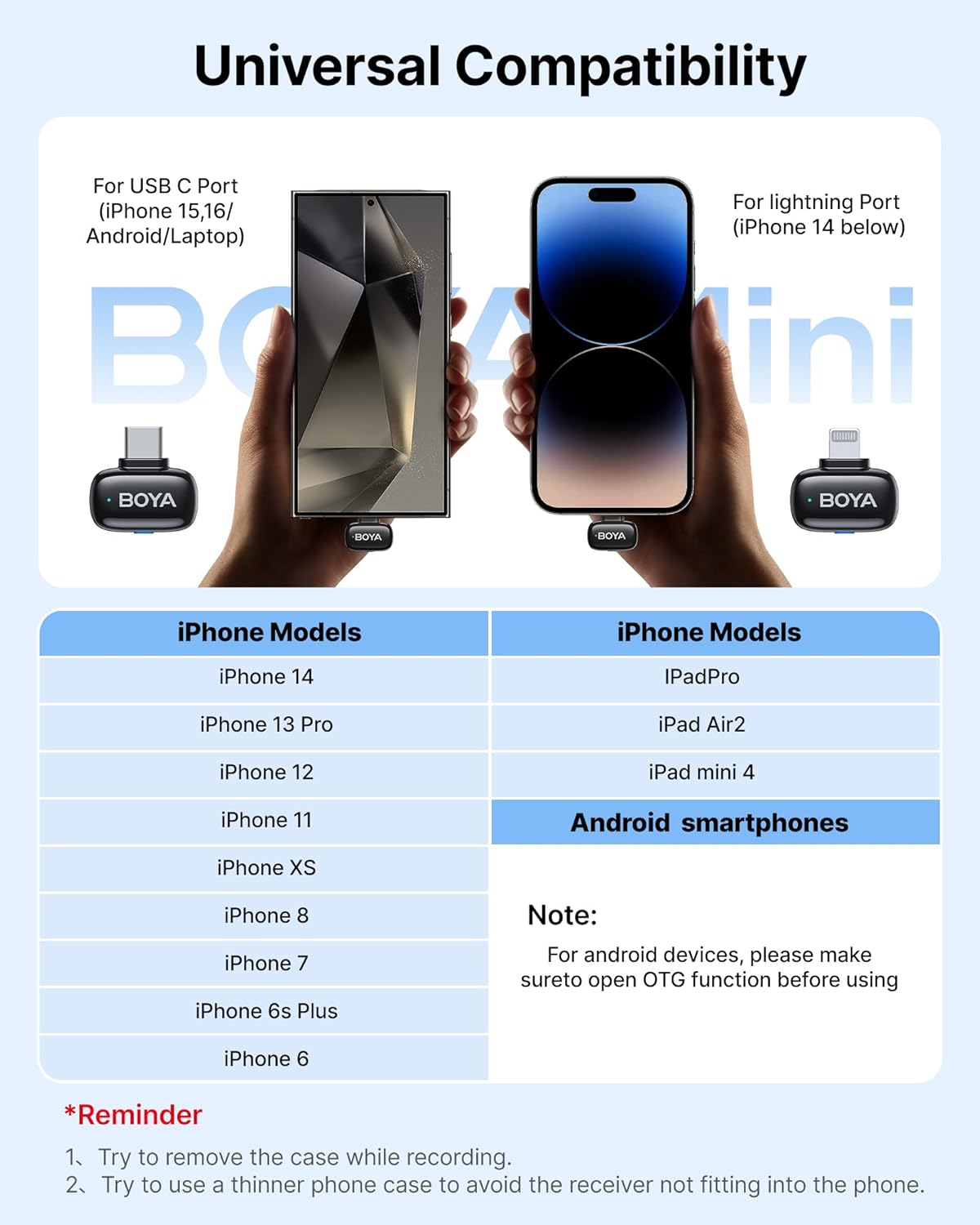 BOYA Mini 2.4Ghz Ultra Mini Wireless Microphone - Dual Wireless Microphones With Charging Case For ( Andriod Type-C and  phone IOS )