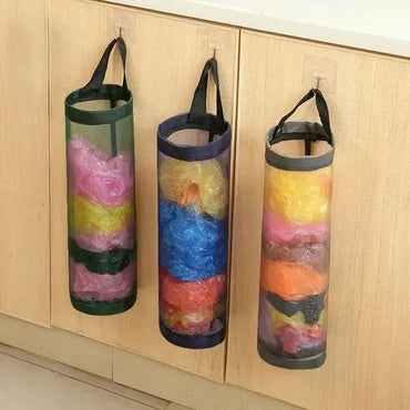 Foldable Wall-Hanging Mesh Bag Holder: Hanging Storage Rack for Kitchen Garbage Bags