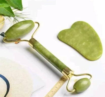 Flawless Facial Roller and Massager Tool Jade Roller Natural Stone 2 Piece Set [Q2