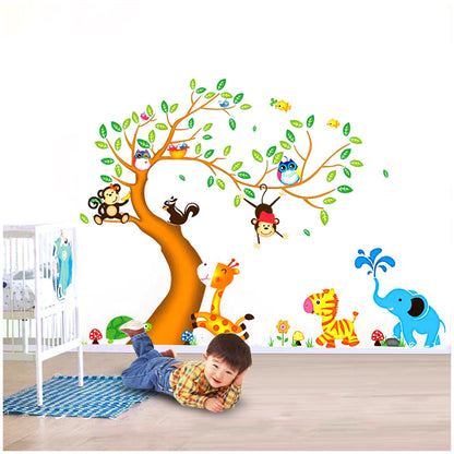 Big Tree Animals Cartoon Theme Kids Wall Art Decal Sticker Decoration for Living Room Nursery Baby Girl Boy Kid Children's Room Bedroom Decoration