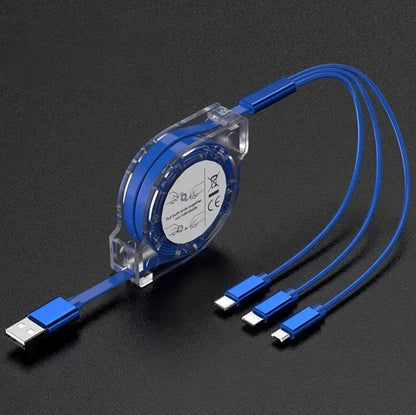3-In-1 Retractable Fast Charging Cable – Type-C, Lightning & Micro USB, 10-20W with Digital Display