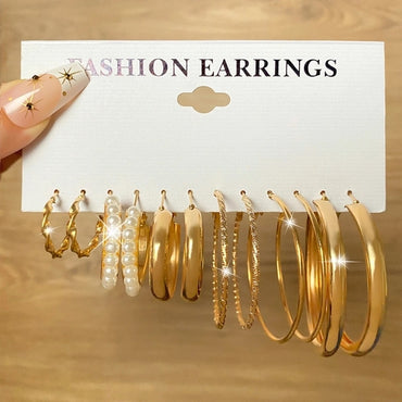 6 PC Elegant and Versatile Ladies Round Geometry Pearl Earrings Perfect for Sophistication
