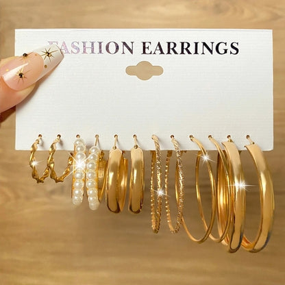 6 PC Elegant and Versatile Ladies Round Geometry Pearl Earrings Perfect for Sophistication