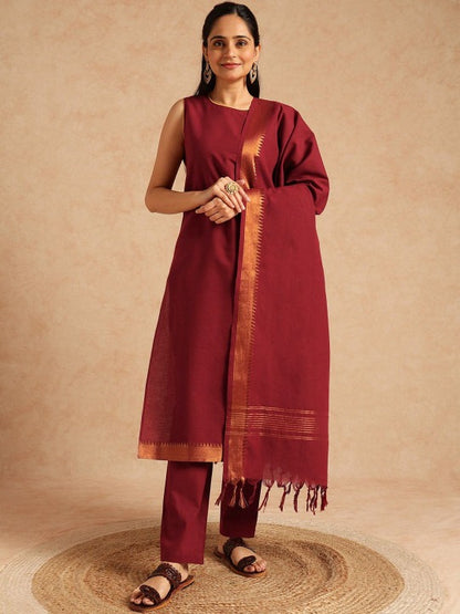 Women Regular Pure Cotton Kurta with Trousers & with Dupatta