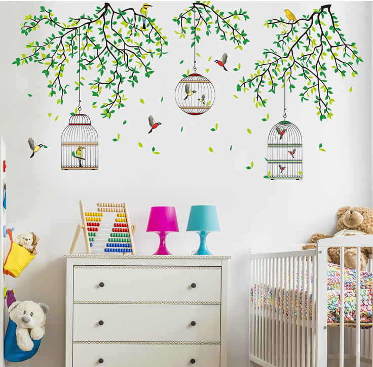 Three Cages Green Leaf with bird Flower Border Wall Decoration Sticker TV Frame Sticker Kitchen Living Room Decoration Star Room Deco wall stickers Stars Tree Wedding nursery decorative