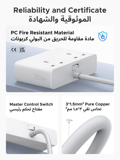 UGREEN 85170 Nexode 4 USB Ports Extension Cord, 2 AC 2990W Max Power Strip, PD20W Extension Plug Compatible with iPhone 17, iPad, Laptop, electrical appliances, for Home/Office/Travel,(1.5M)