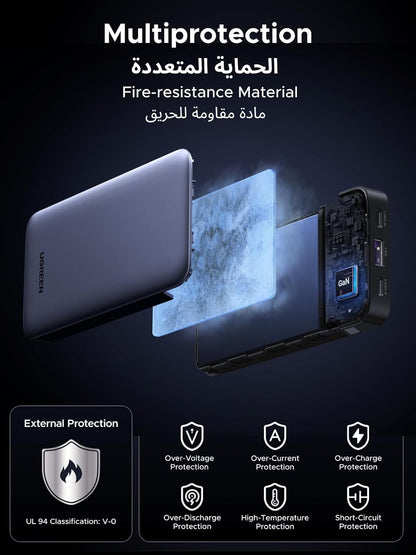UGREEN PB535 10000mAh Power Bank 30W with 3 Ports (2*USB-C and USB-A) Portable Battery, Digital Display, Fast Charging Portable Charger with Cable for iPhone 16 Series, Galaxy S25U/S25/S24, iPad, AirPods