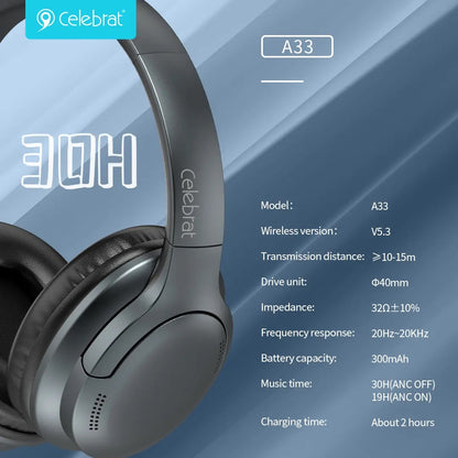 Celebrat A33 Super Bass ANC Noise Reduction Bluetooth Headphones