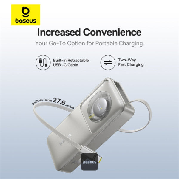Baseus Free2Pull 10000mAh Power Bank with Built-in Retractable Type-C Cable for Laptop - 30W Fast Charging, Digital Display