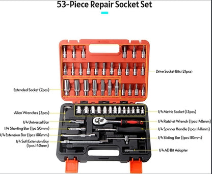 53-Piece Car & Bike Socket Tool Set – 1/4" Ratchet Wrench Kit with Toolbox for Auto Repair