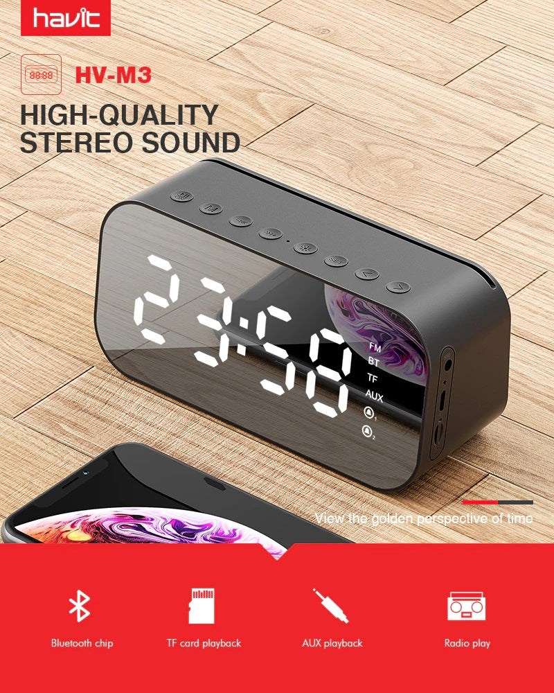 HAVIT M3 Portable Bluetooth Speaker Alarm Clock Wireless LED Display Temperature Support Aux TF USB Music Player