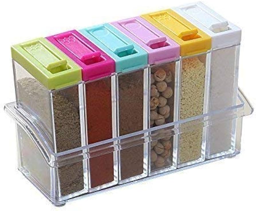Six Piece Seasoning Container Spice Set Seasoning Six Piece Set Spice Bottle Set 6 Pcs Seasoning Condiment Storage Spice containers Square Transparent Salt Sugar Pepper Spice Jar with Tray Rack Cooking Container box spices