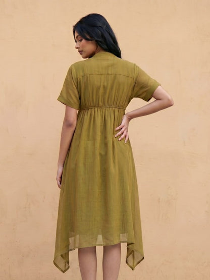 Striped V-Neck Extended Sleeves Gathers a-Line Midi Dress
