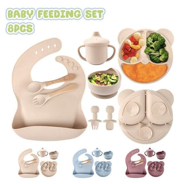 Baby Feeding Set 8Pcs Panda Silicone Baby Plate Infant Silicon Bib Suction Bowl Cup Spoon Forks Set