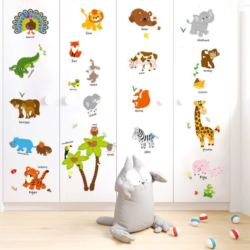 Animal with Names Tree Cartoon Animals Theme Kids Wall Art Decal Sticker Decoration for Living Room Nursery Baby Girl Boy Kid Children's Room Bedroom Decoration