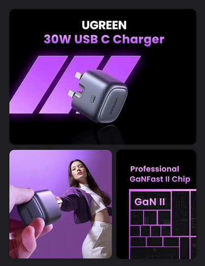 UGREEN 25114 USB C Charger Plug 30W Nexode PD 3.0 Foldable GaN Charger with 1m USB C Cable Compatible with iPhone 16/15/15 Pro Max/15 Pro/14/13 Series, iPad Pro/Air, Galaxy S24/S23, Pixel 9/8/7/6, etc